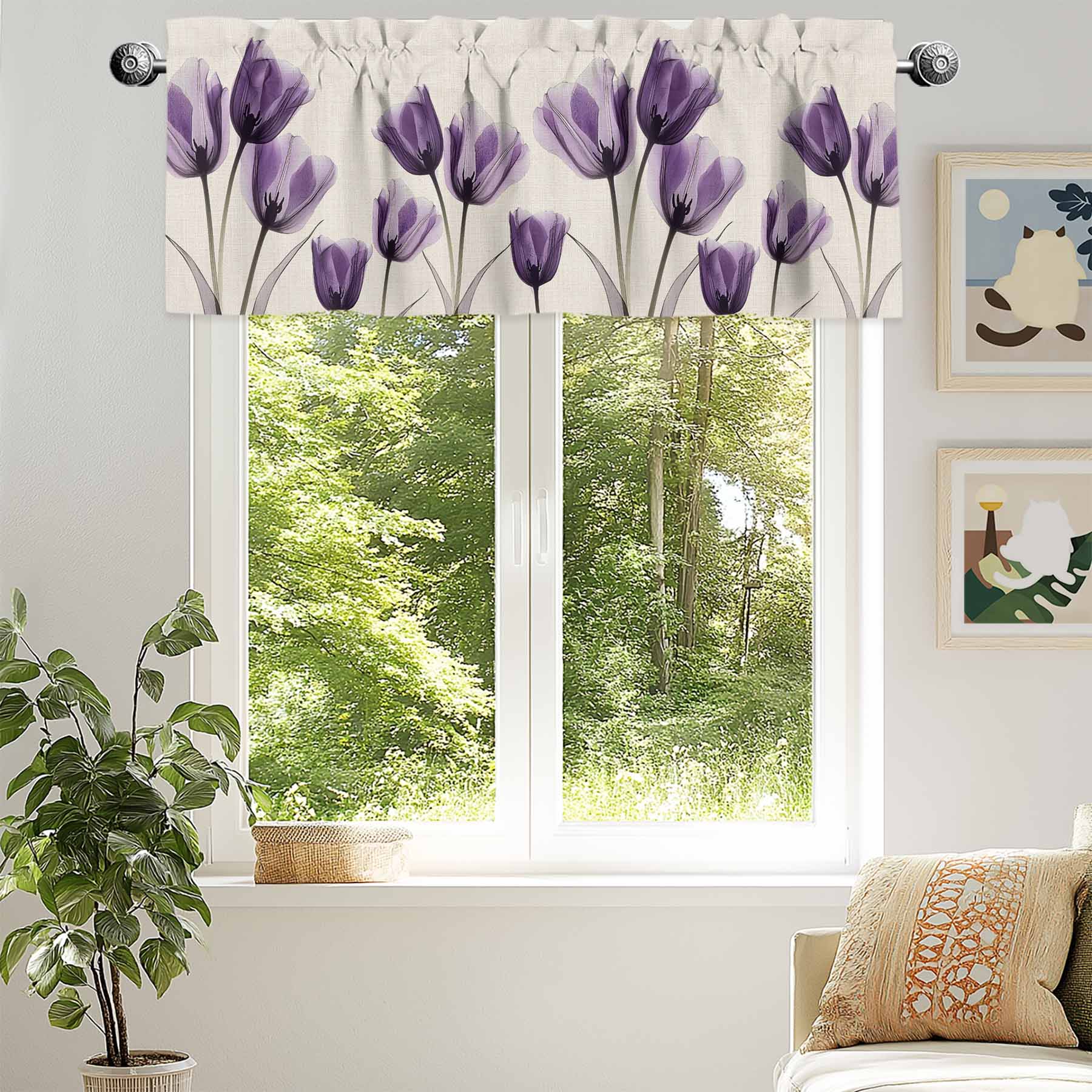 Purple Tulip Valances for Windows, 60 x 18in, Minimalist Modern Flowers Art Linen Background Rod Pocket Kitchen Valance Curtain Light Filtering Window Treatments for Living Room Bedroom, 1 Panel