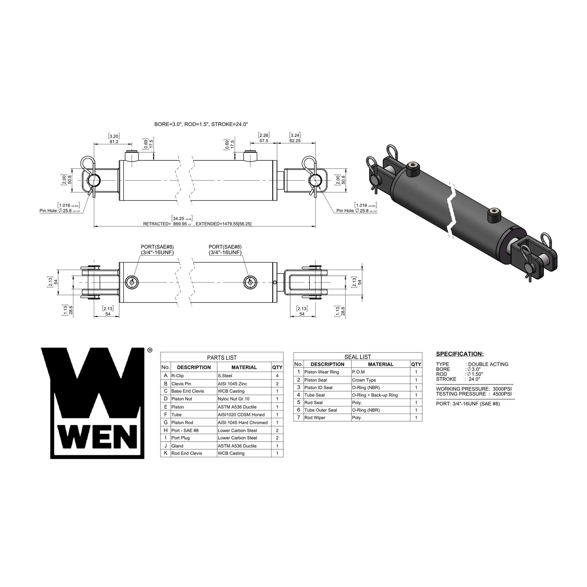 WEN Clevis Hydraulic Cylinder with 3-inch Bore and 24-inch Stroke (CC-3024)