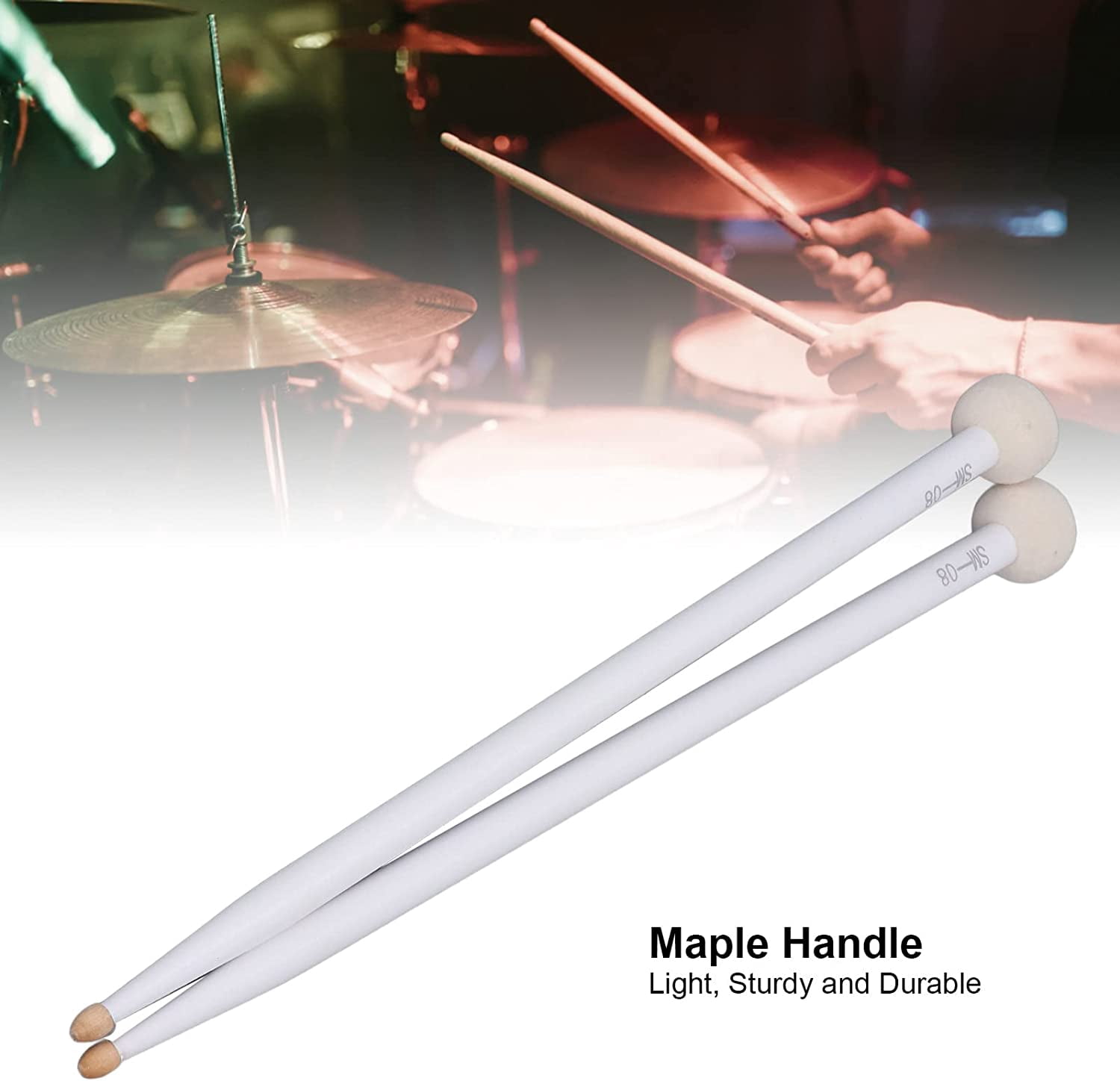 ABCISI 2Pcs Drum Mallet Kit, Non Slip Wooden Handle Felt Head Drum Sticks, For Bass Drums Timpani Snare Drums Performance Accessory, Percussion Instrument Practice Playing Drum Mallets (White)