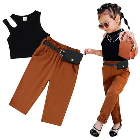 

Hunpta Summer Toddler Girls Sleeveless Ribbed Vest Tops And Pants Belt Waist Bag Outfits