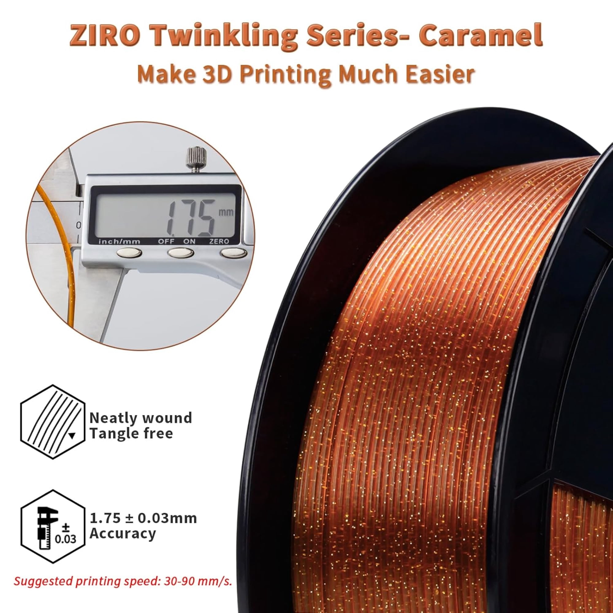 Ziro 3D Twinkling PLA Filament 1.75mm 1kg, Caramel