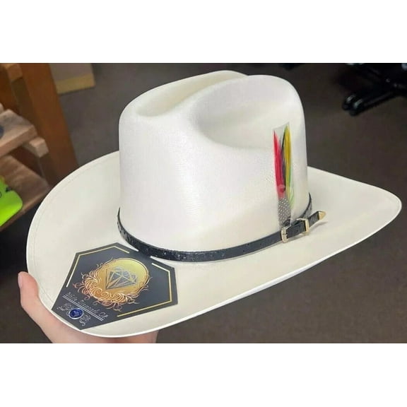 White Diamond 100x Straw Cowboy Hat W Feather Sinaloa Style Brim 3 1/2"