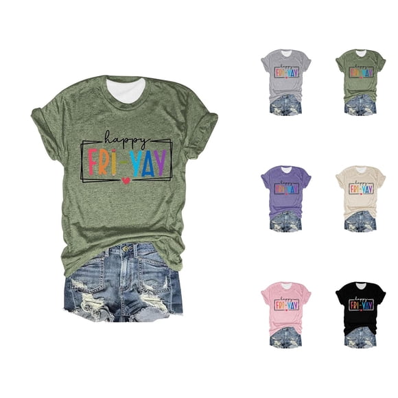 Happy Friday Teacher T Shirts for Women 2026 Summer Trendy Short Sleeve Crewneck Funny Friday Weekend Graphic Tees