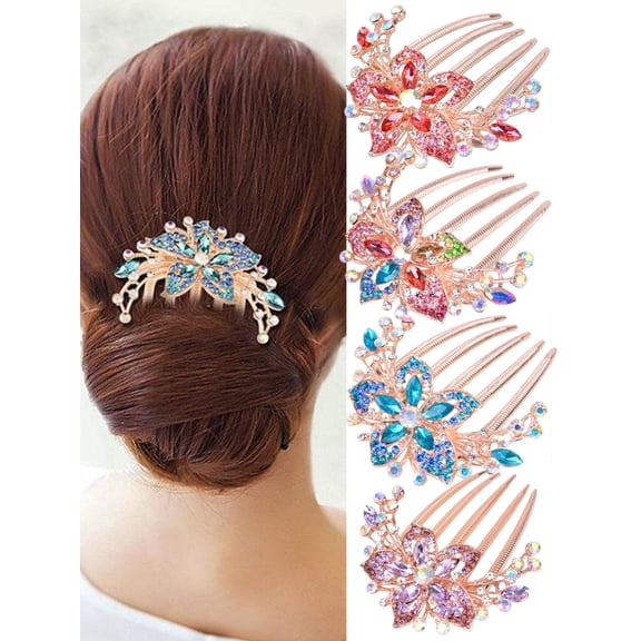 Sankuwen 4 Pcs Rhinestone Inlaid Hair Comb For Women Accessory Hair Side Comb Clips Flower Shapes Hair Barrettes