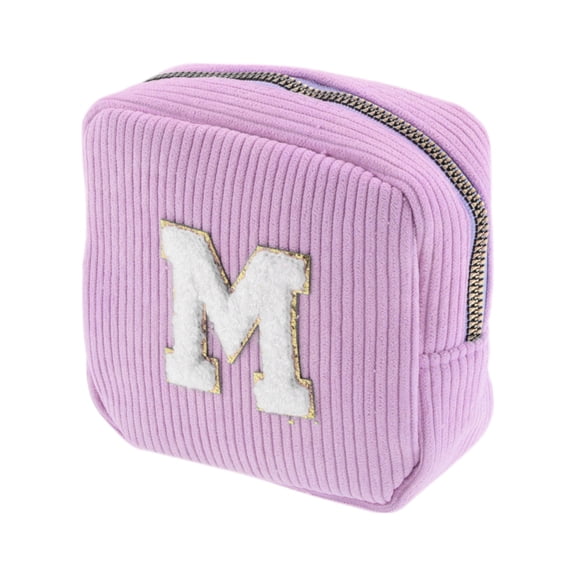 Unique Bargains 1 Pc Letter m Pattern Makeup Bag for Travel Pink Purple Corduroy