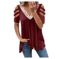 thumbnail image 2 of Fimkaul Casual T Shirts for Women Stripe Stitching Lace Tunic V-Neck Causal Short Sleeve Blouse T-Shirt Tops Wine L, 2 of 6