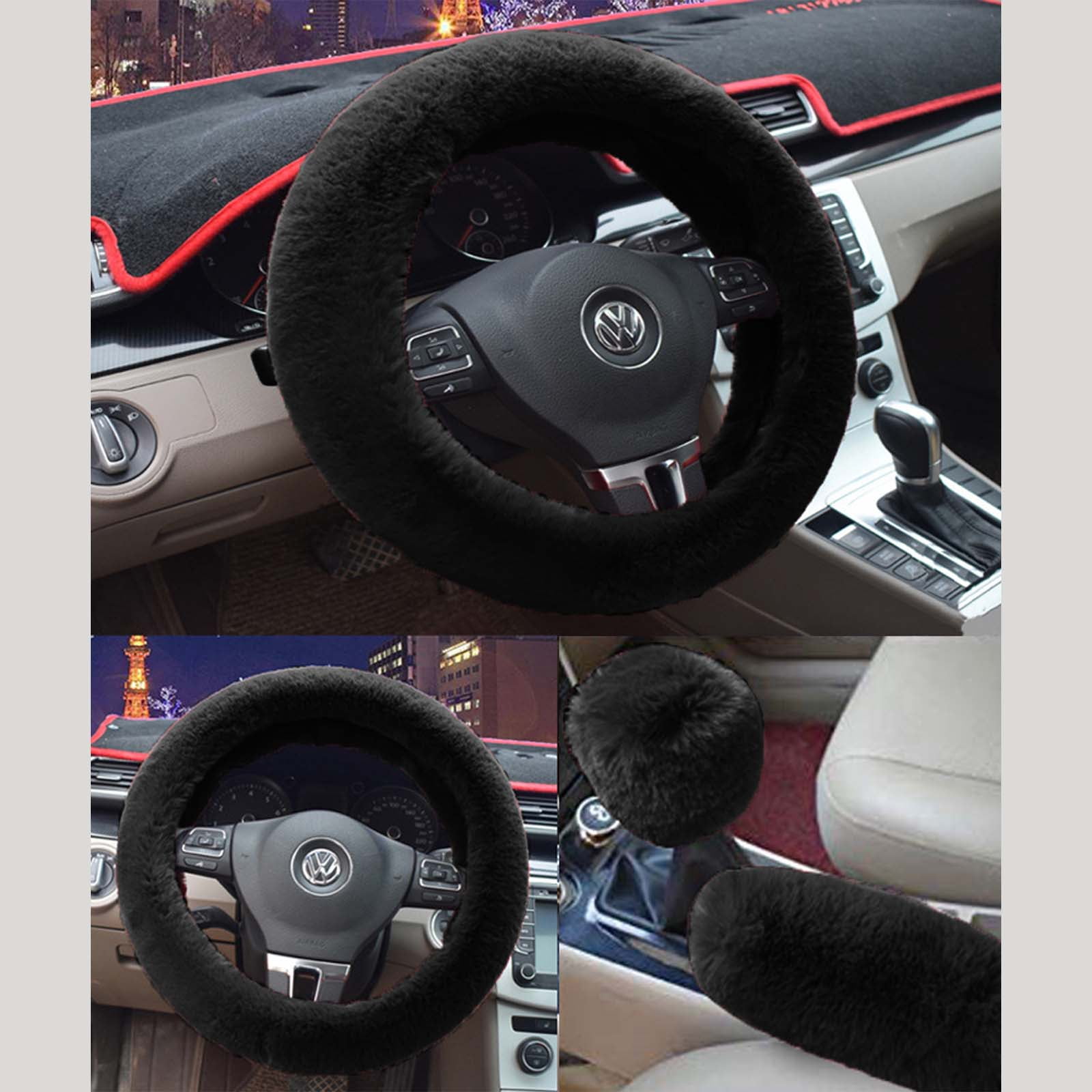 Ueasy 3-Piece Winter Fuzzy Steering Wheel Cover Set | 15" Universal Warm Artificial Wool Car Handbrake & Gear Shift Cover
