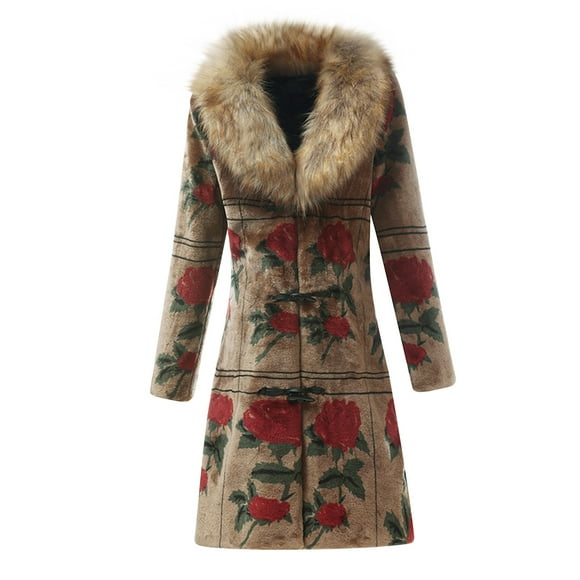 WRKEKC Premium Vegan Fur Jacket Women's Hooded Winter Coat with Fox Like Trim Heavyweight Insulated Cruelty Free Fashion Brown XL