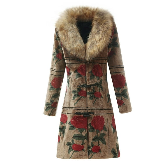 ZQUUVOU Women's Longline Faux Mink Coat With Plush Collar Vinatge Rose Printed Long Trench Coat Jacket Outerwear Brown