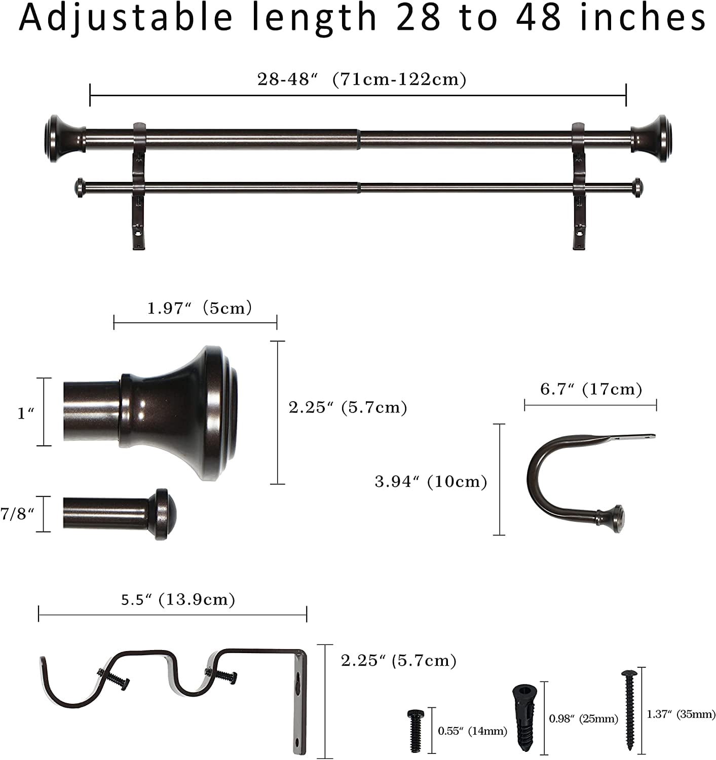 eTeckram 1" Double Curtain Rod with Oil-Rubbed Bronze Trumpet Finials and holdbacks, 28" to 48"