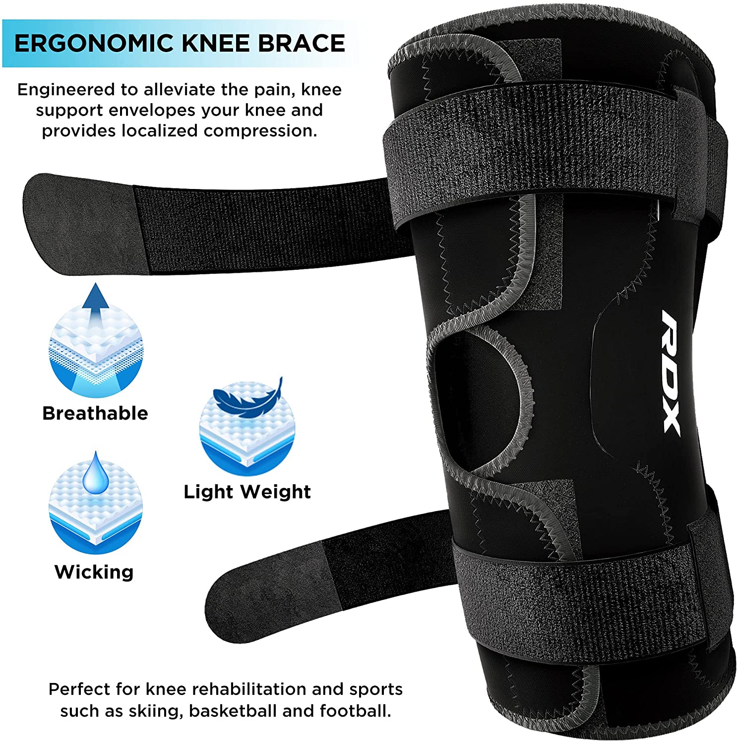 RDX Knee Support Brace for Arthritis Joint Pain Relief, Neoprene Elasticated Compression Sleeve with Adjustable Straps Sold as Single Item