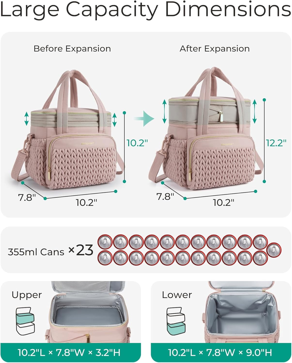 Insulated Lunch Box for Women, Double Deck Leakproof Cooler Bag with Expandable Design for Office Work & Outdoor Picnic