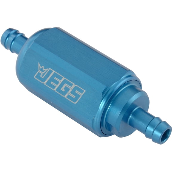 JEGS Compact Billet Aluminum In-Line Fuel Filter, 2 5/16 in. Long [3/8 in. Male/Male Hose Barb, Blue]