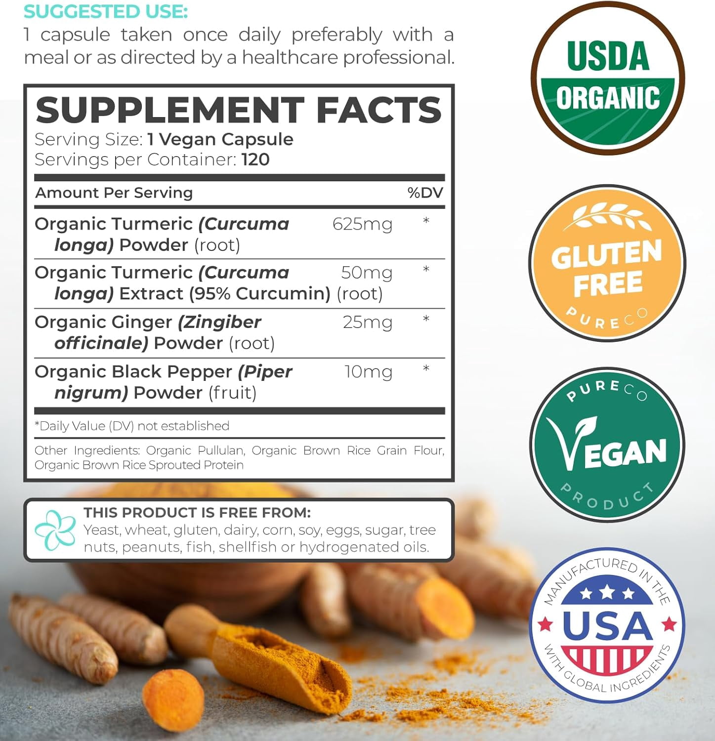 Pure Co Organic Turmeric Curcumin Supplement with Black Pepper and Ginger, 120 Capsules