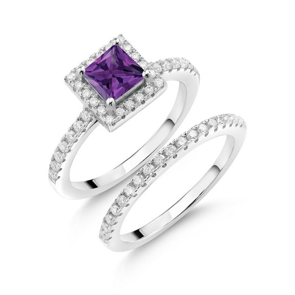 Gem Stone King 925 Sterling Silver Purple Amethyst and Moissanite Women Wedding Engagement Ring Band Bridal Set (1.21 Cttw, Princess Cut 5MM, Available in Size 5, 6, 7, 8, 9)