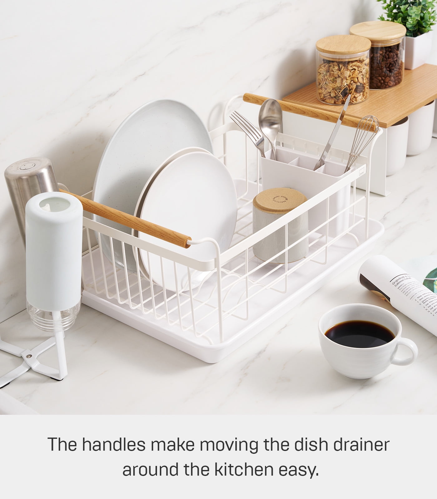 Yamazaki Home Dish Rack, Gray, Steel + Wood, Supports 22 pounds, Drainer Tray, Handles, Utensil Holder, Water Resistant, No Assembly
