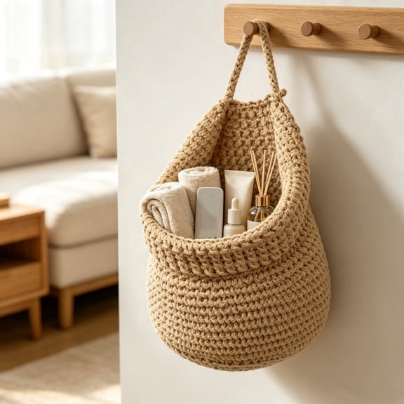 Crochet Hanging Storage Basket, Teardrop Woven Wall Mount Organizer Bin for Bedroom Entryway Kitchen Fruit Veggie Bathroom Sundry Storage Home Tidying Solution, M by XSAOP