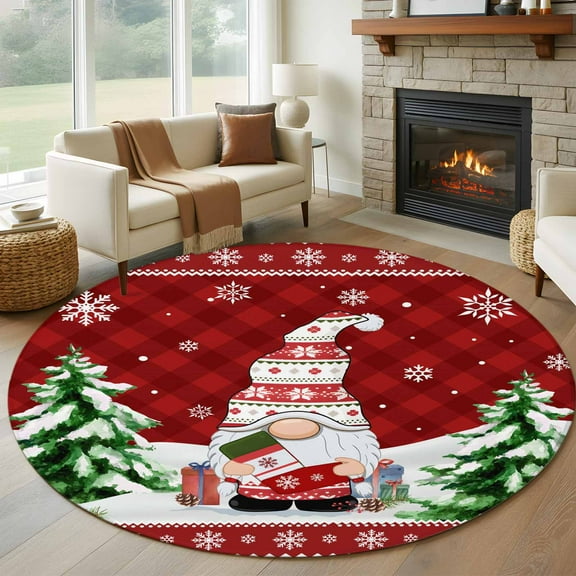 Red Gnomes Christmas Round Rug 5ft Washable Circle Kitchen Rugs Non Slip Xmas Tree Snowflake Winter Large Area Rug Indoor Floor Carpet for Bedroom Living Room Home Office Dining Room Nursery