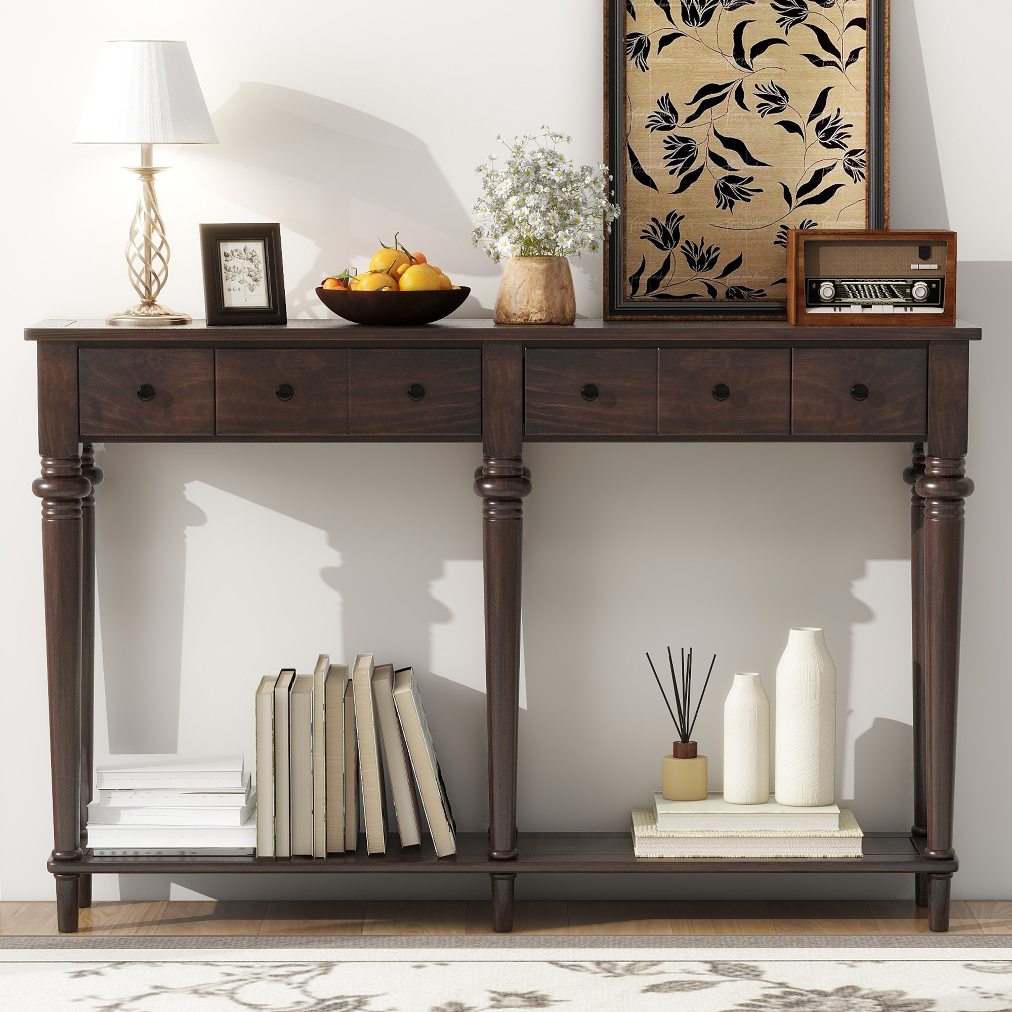 EUROCO 59.8" Solid Wood Console Table,Retro Long Sofa Table Entryway Table with 4 Drawers and Bottom Shelf for Hallway Living Room,Espresso