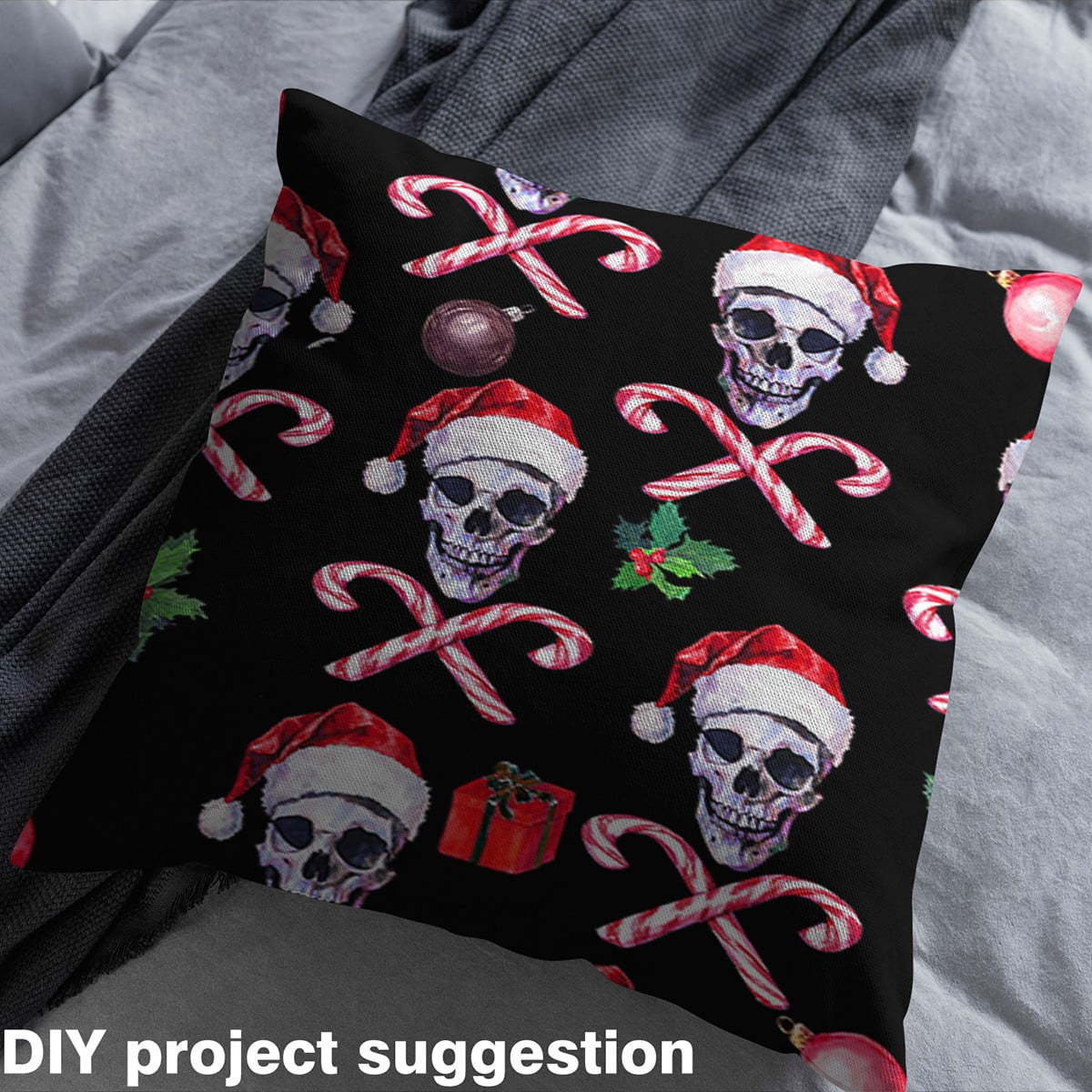 Feelyou Kids Christmas Skull Fabric by the Yard 1 Yard, Xmas Candy Room Decor Fabric by the Yard, Sugar Gothic Festival Fabric for Sewing, Super Cozy Room Decor