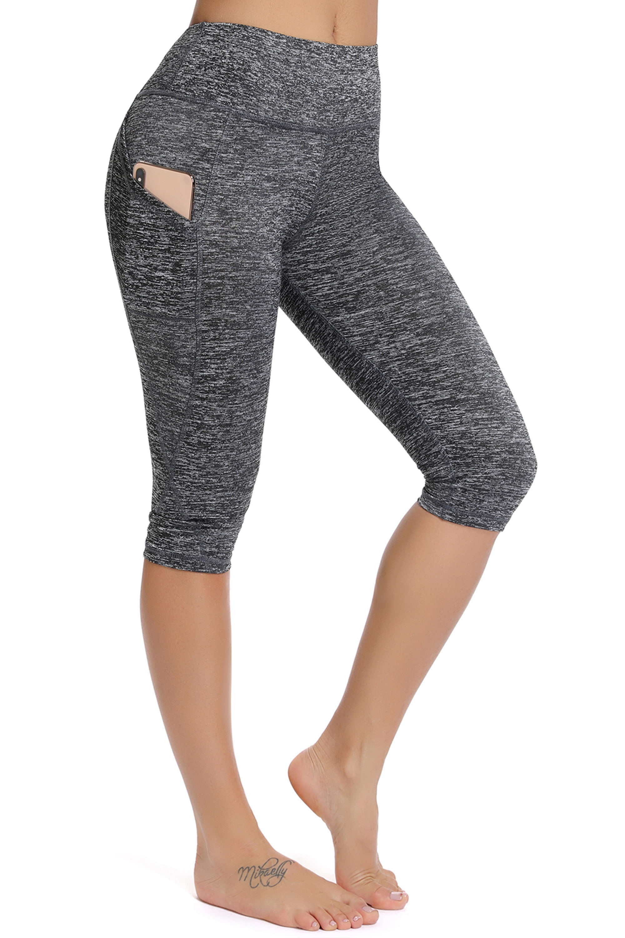 Womens High Waist Tummy Control Leggings with Two Pockets 3/4 Length for Running 