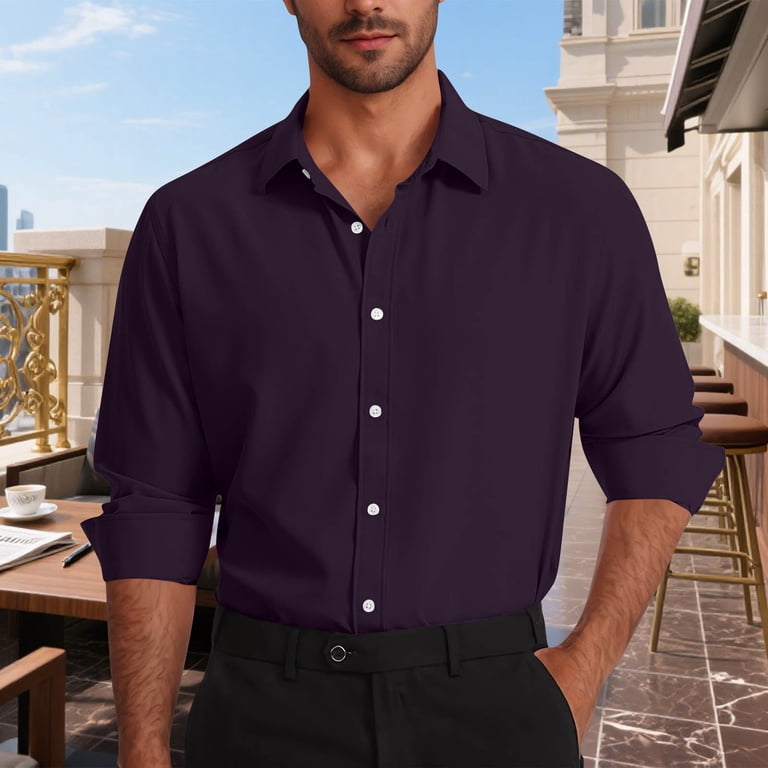 Dark Purple Casual Shirt Afuyipoi Button Up Shirt Men,Solid With Pocket  Casual Long Sleeve Mens