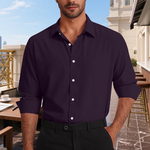 Viluyesy Mens Long Sleeve Dress Shirts Regular Fit Lapel Lightweight Solid Work Shirt Purple 3XL