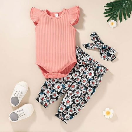 

BadyminCSL Toddler Kids Baby Girls Flying Sleeve Romper Floral Print Trousers Clothes Suit