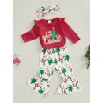 thumbnail image 4 of Baby Toddler Girls Christmas Outfit, 0 3 6 12 18 Months Long Sleeve Letters Print Romper with Tree Santa Flare Pants and Headband Clothing Set, 4 of 9