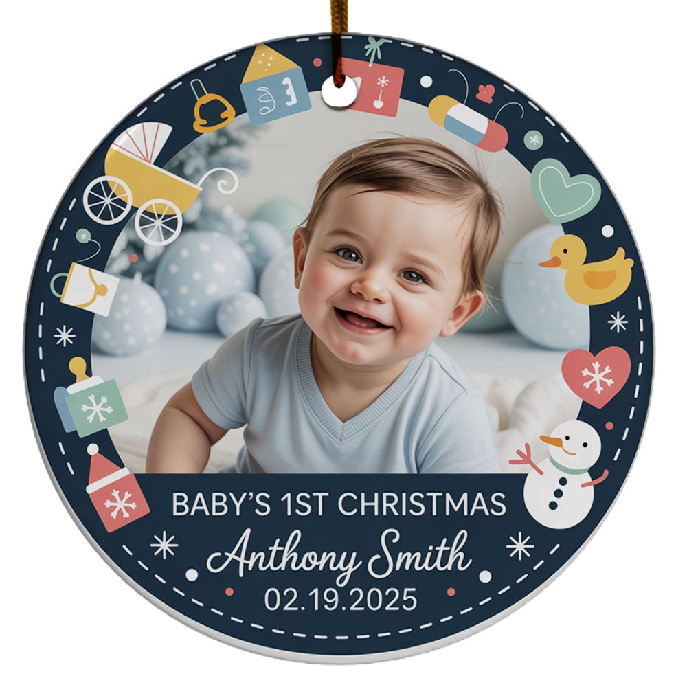 Baby’s First Christmas Ornament 2025, Custom Name Text Photo Picture Keepsake, Upload Baby Photo Christmas Ornament Gift for New Parents Kids, Cute Baby 1st Christmas Decoration