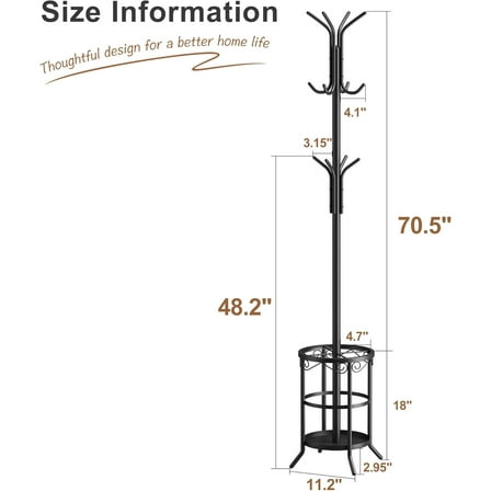 Freestanding Coat Rack With Umbrella Stand and 12 Hooks - Metal Coat Tree, Hat and Jacket Hanger for Entryway (Black)