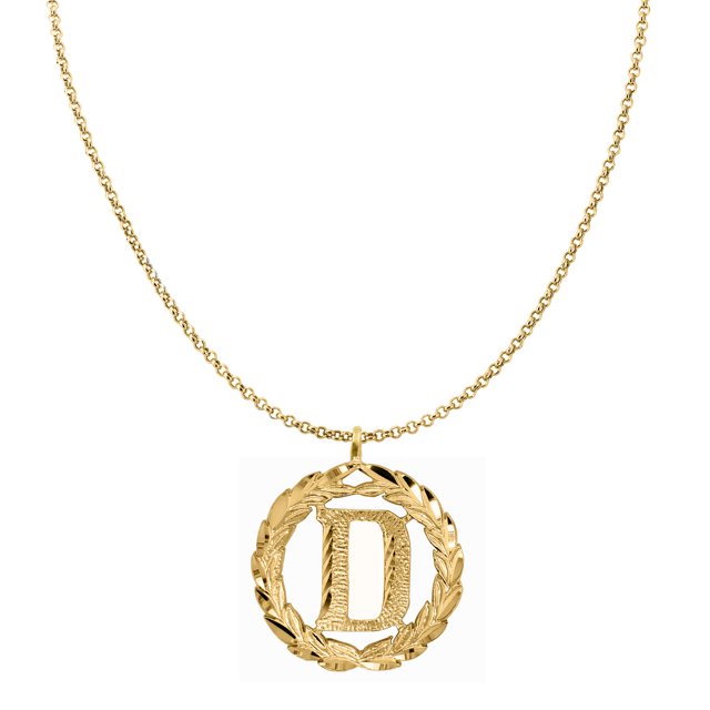 Precious Stars 14K Yellow Gold Round Wreath Initial Letter 'D' Pendant with 20" Chain Necklace
