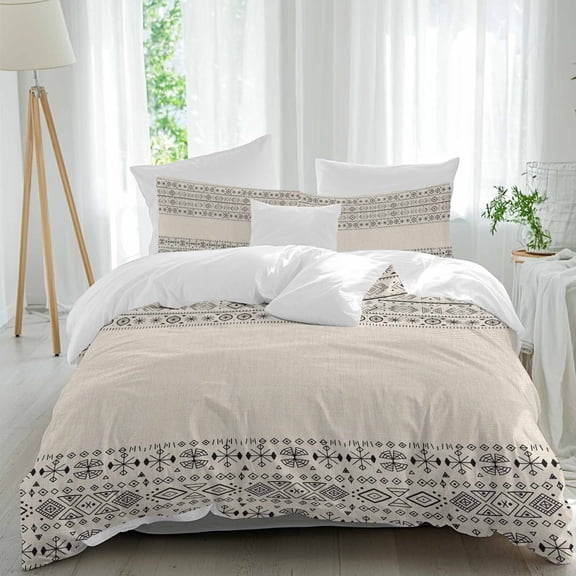 3 Piece Beige Black Boho Duvet Cover Set Full Size, Microfiber Comforter/Quilt Cover with Corner Ties and 2 Pillowcases, Vintage Ethnic Tribe Abstract Art All Season Soft Bedding with Zipper Closure