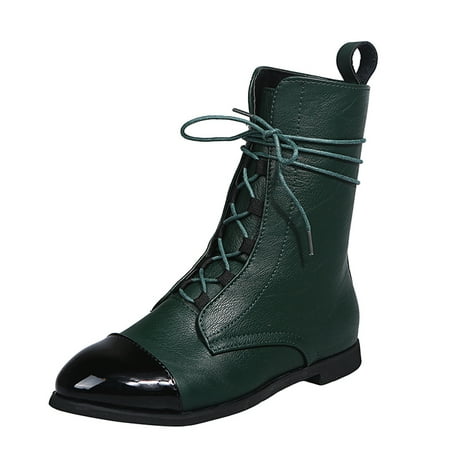 

Fall Savings Clearance Deals 2022! Juebong Women sRetro Soft Leather Round Toe Color Matching Lace Flat Ankle Boots