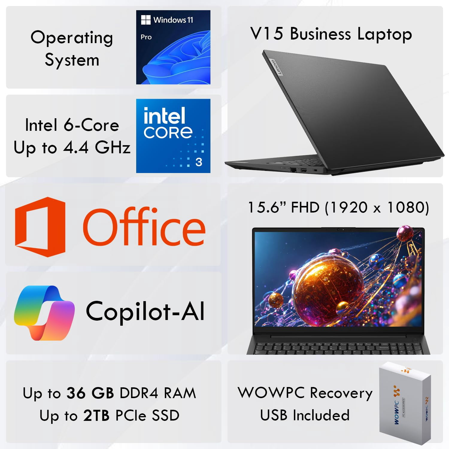 Lenovo V15 Business Laptop with Microsoft Office, Intel 6-core Processor(Up to 4.4 GHz), 15.6" FHD Display, 20GB RAM, 1TB SSD, Ethernet Port RJ-45, Wi-Fi 6, Windows 11 Pro, Copilot AI-Ready, WOWPC USB