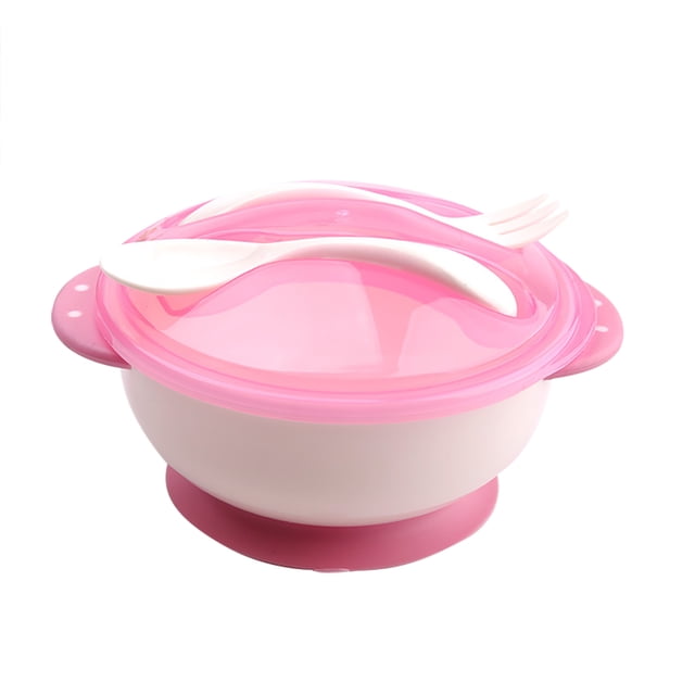 Baby Suction Bowl Non-slip Defence Fall Baby Bowl Fork Spoon Feeding Tableware for Infant Training Bowl Set (Pink)