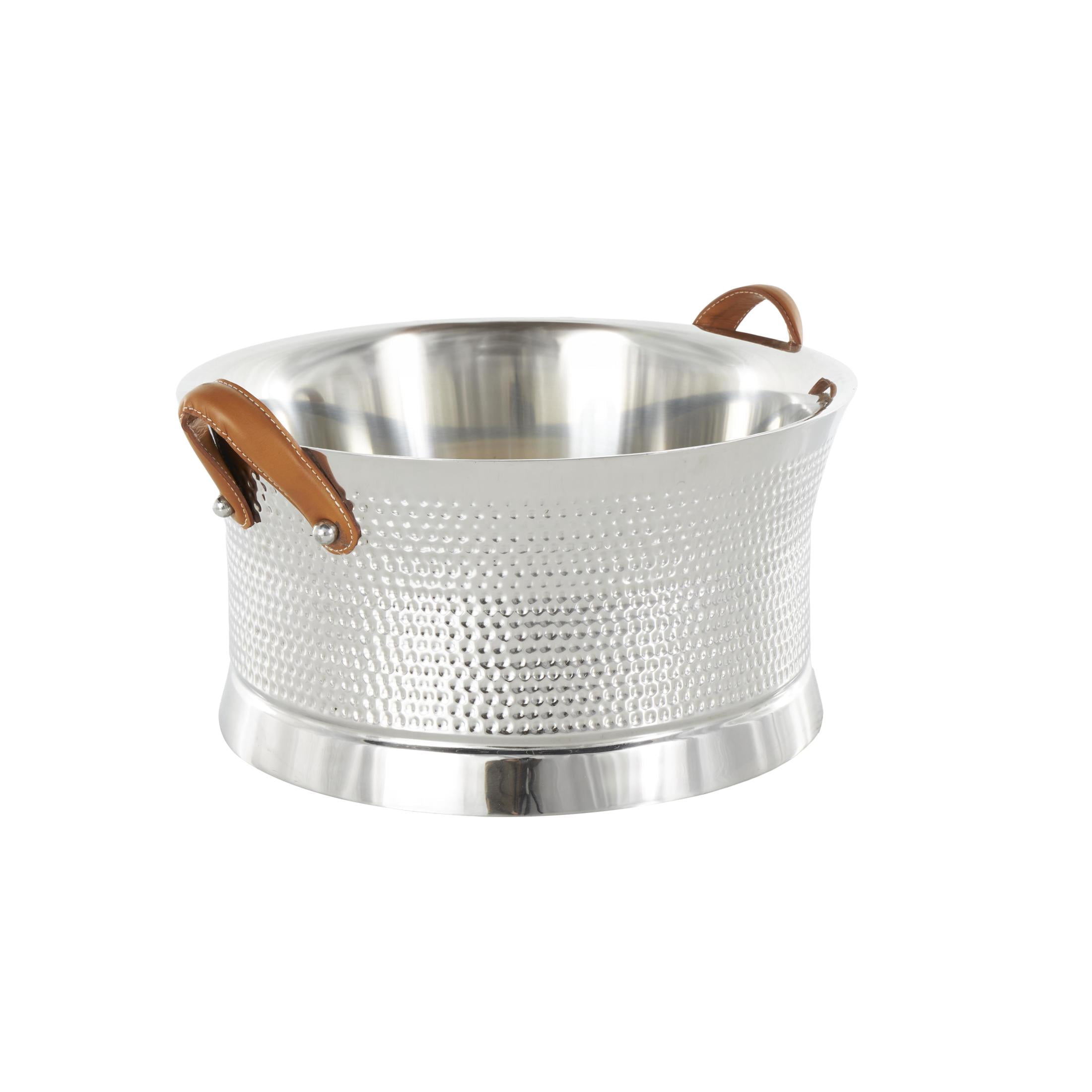 DecMode Round Stainless Steel Metal Hammered Silver Ice Bucket with Brown Leather Handles