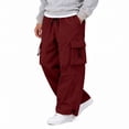 thumbnail image 3 of Men's Cargo Casual Pants Drawstring Elastic Waist Straight Leg Trousers Lightweight Trendy Loose Fit Pants with Pockets Wine 3XL, 3 of 5