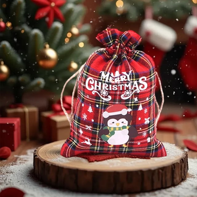 Sac-cadeau à Cordon en Coton à Carreaux Rouges de Noël / Pochette Réutilisable pour Friandises des Fêtes pour Biscuits Bonbons Bijoux / Emballage Écologique pour Cadeaux de Fête Emballage de Bas de Noël