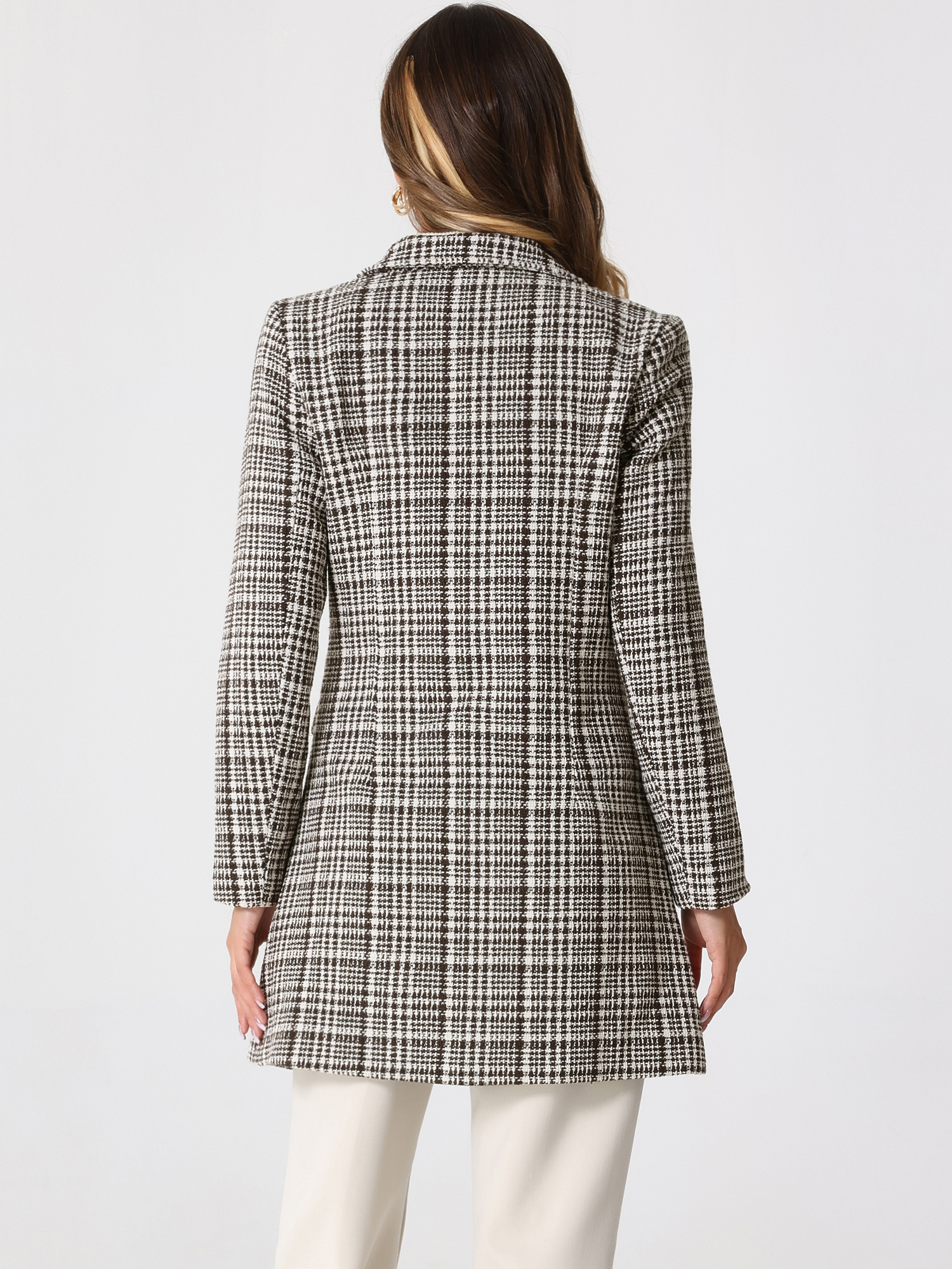 DARING DIVA Women's Plaid Double Breasted Tweed Blazer Outerwear Coat Brown XS