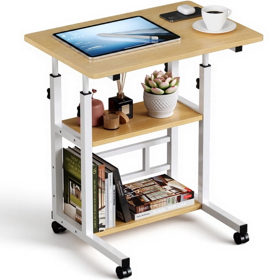 Furnibear Portable Rolling Desk on Wheels, Height Adjustable Desk with 2 Tier Storage Shelves, Standing Table for Office, Natural Color