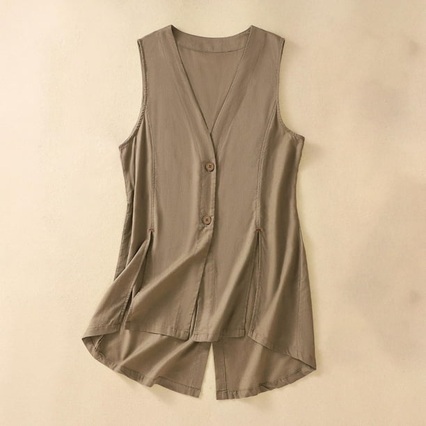Chaleco de mezclilla de algodón y lino para mujer, informal, sin mangas, sin capucha, estilo casual, cárdigan de mezclilla de tendencia, chaleco de algodón y lino para mujer