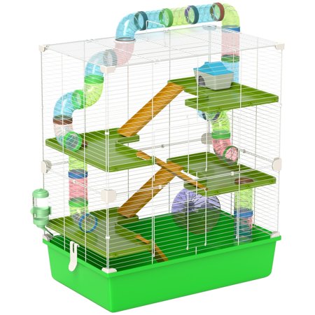 Hamster Cage with Exercise Wheel, Tubes, and Water Bottle, Green Steel Wire and Plastic Small Pet Habitat for Gerbils and Rodents