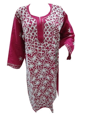 Mogul Womens Tunic Lucknowi Hand Embroidered Magenta Cotton Beach Dress Kurti