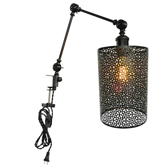 Kiven Dimmable Clip-on Desk Lamp, 1-Light Black Hollow-Carved Design Nightstand Lamp with Flexible Arm, 8.2FT Plug in Cord, Decorative Clamp Lamp for Office Home Bookshelf Bedside E26 Sokcet DZ0291