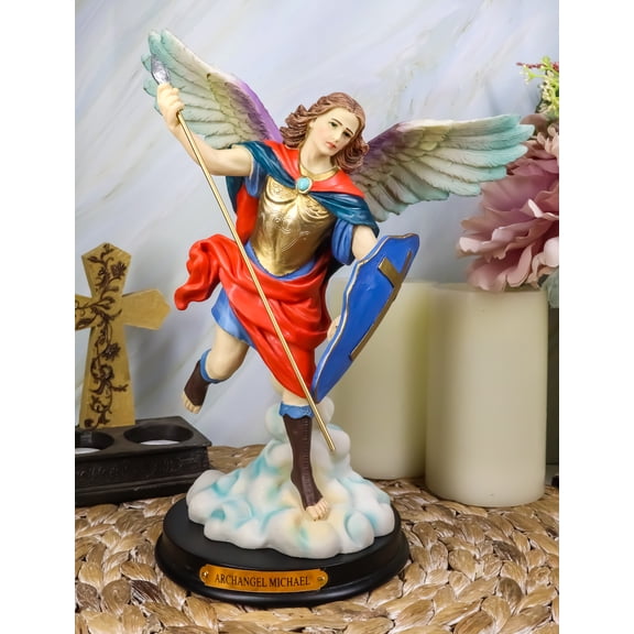 Catholic Colorful Archangel Saint Michael With Javelin Spear Shield Statue 10"H