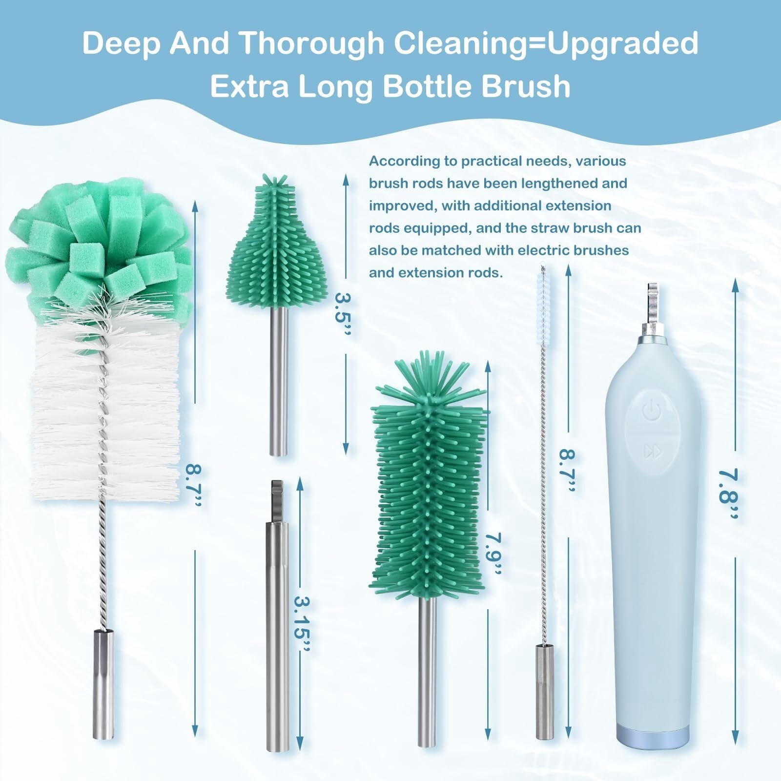 Electric Bottle Brush Cleaner With Holder, Rechargeable Automatic Water Bottle Cleaner With Stainless Steel Extension Handle, Extra Long Water Bottle Brush,Nipple Brush, Straw Cleaner Brush,Green