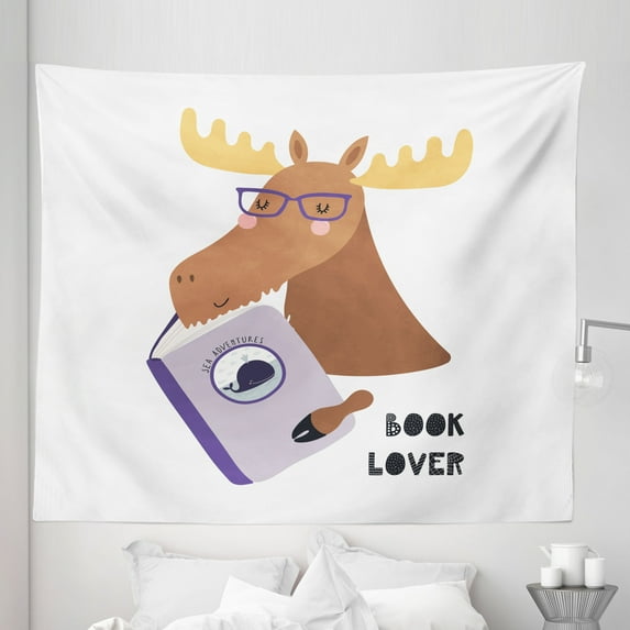 Reading Saying Tapestry, Book Lover Lettering Funny Moose Smart Animal Hand Drawn Illustration, Fabric Wall Hanging Decor for Bedroom Living Room Dorm, 5 Sizes, White Umber Ecru, by Ambesonne