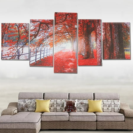 Maple Leaf Ship 5Pcs Modern Abstract Wall Art Canvas Red Maple Tree Leaves Oil Painting Picture Print Decor NO FRAME ()
