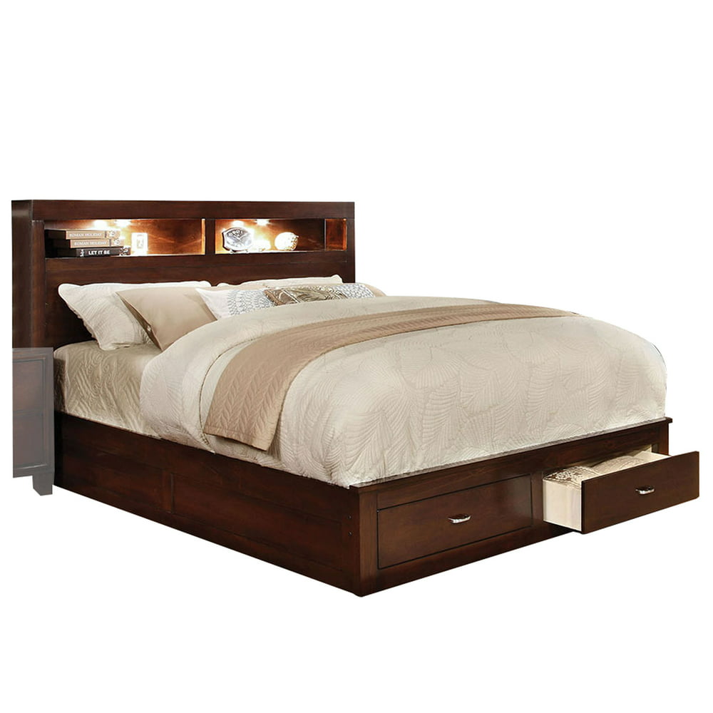 California King Wooden Bed with Bookcase Headboard and Bottom Drawers